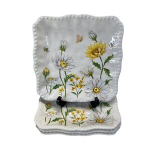 Mud Pie Square Ceramic Plates Dessert Fruit Daisies & Butterfly Floral Design